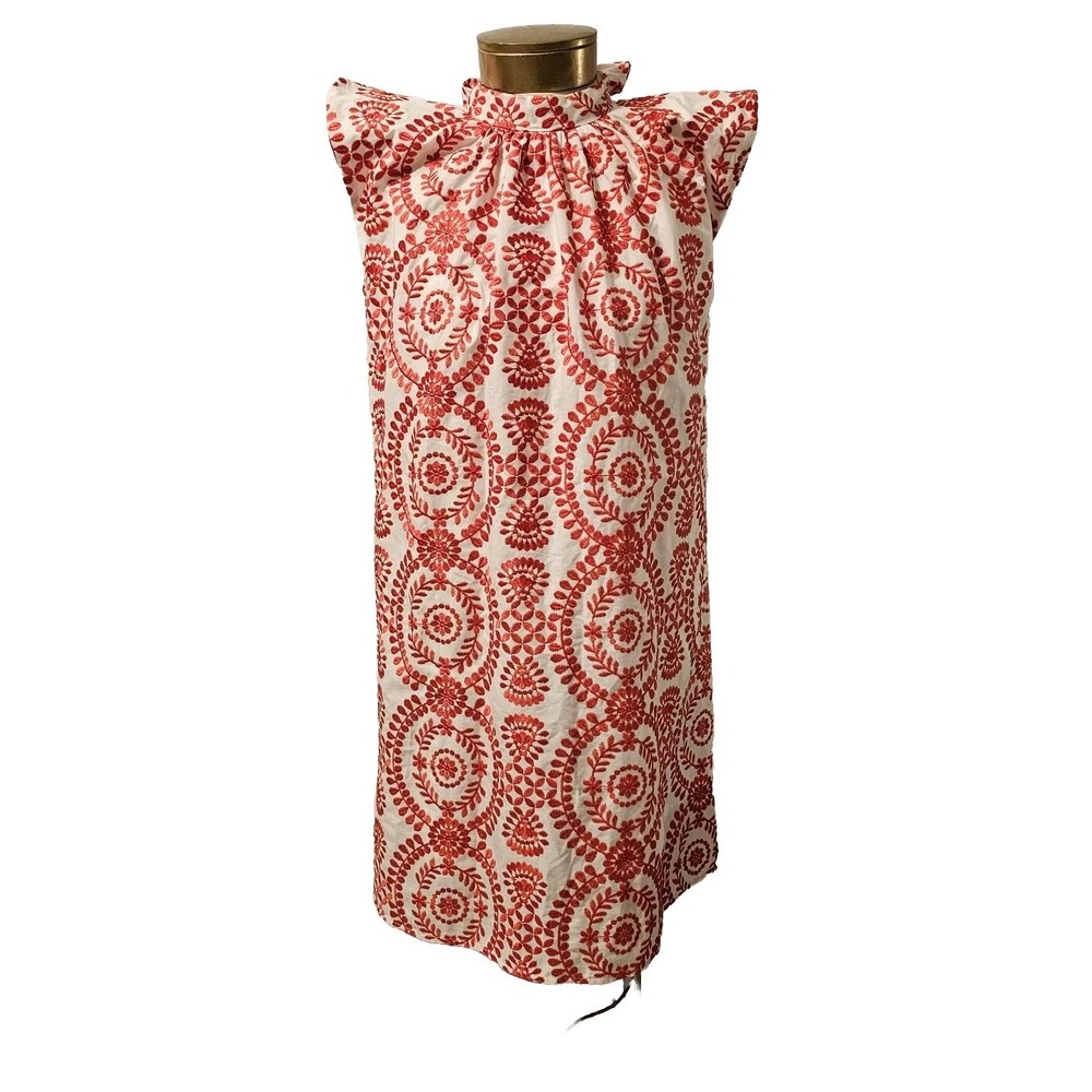 Maia‎ Women Red White Embroidered Floral Shift Dress High Tie Neck Ruffle Size 4